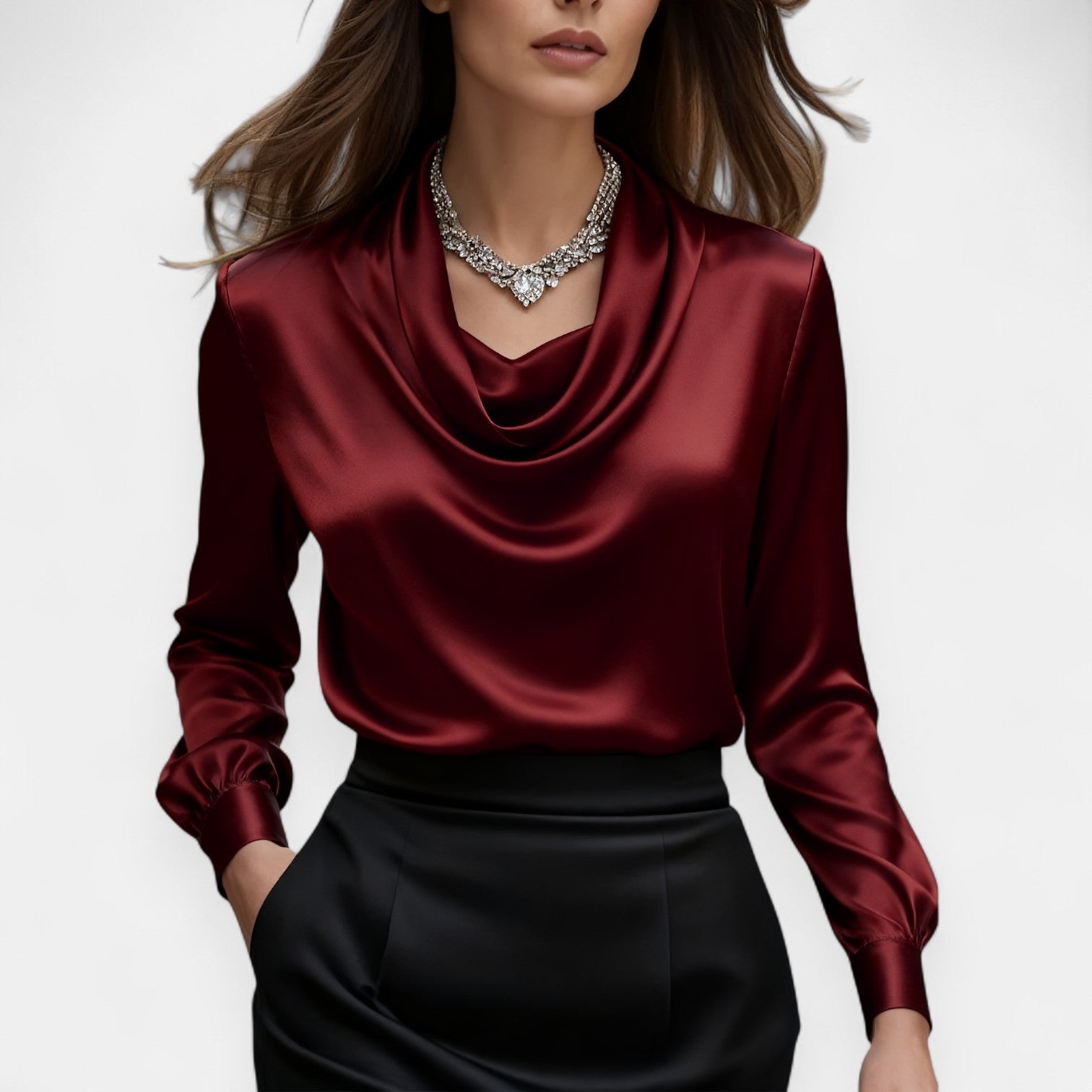 Monorez- Elegant Satin Pleated V-Neck Women's Blouse
