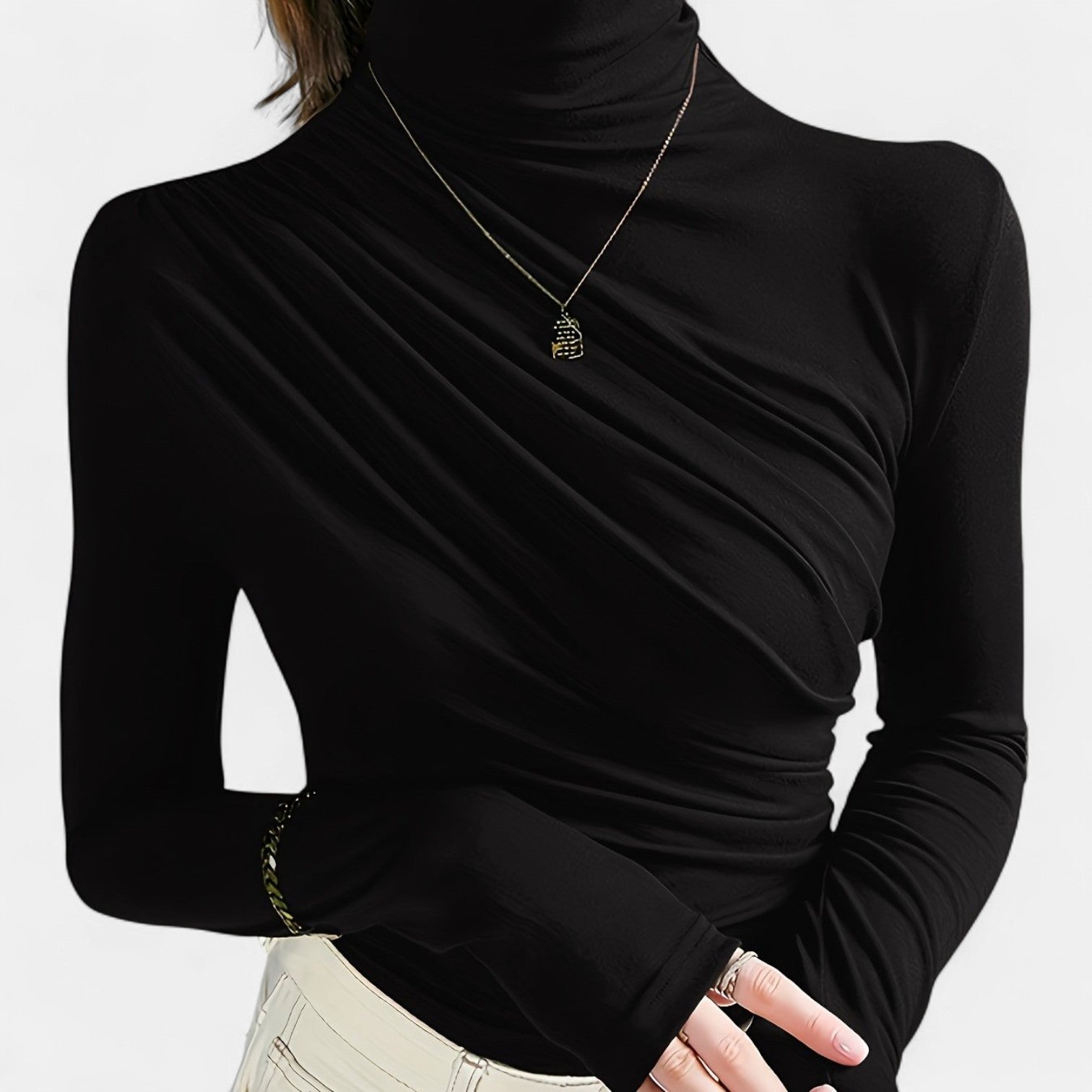 Monorez - Women's Elegant High Neck Long Sleeve Top with Chest Wrinkle