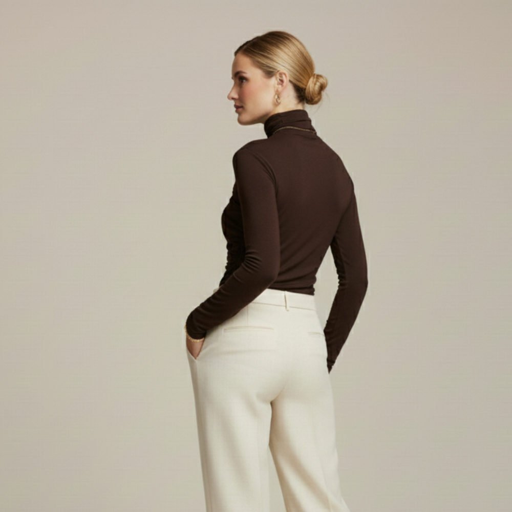 Monorez - Women's Elegant High Neck Long Sleeve Top with Chest Wrinkle