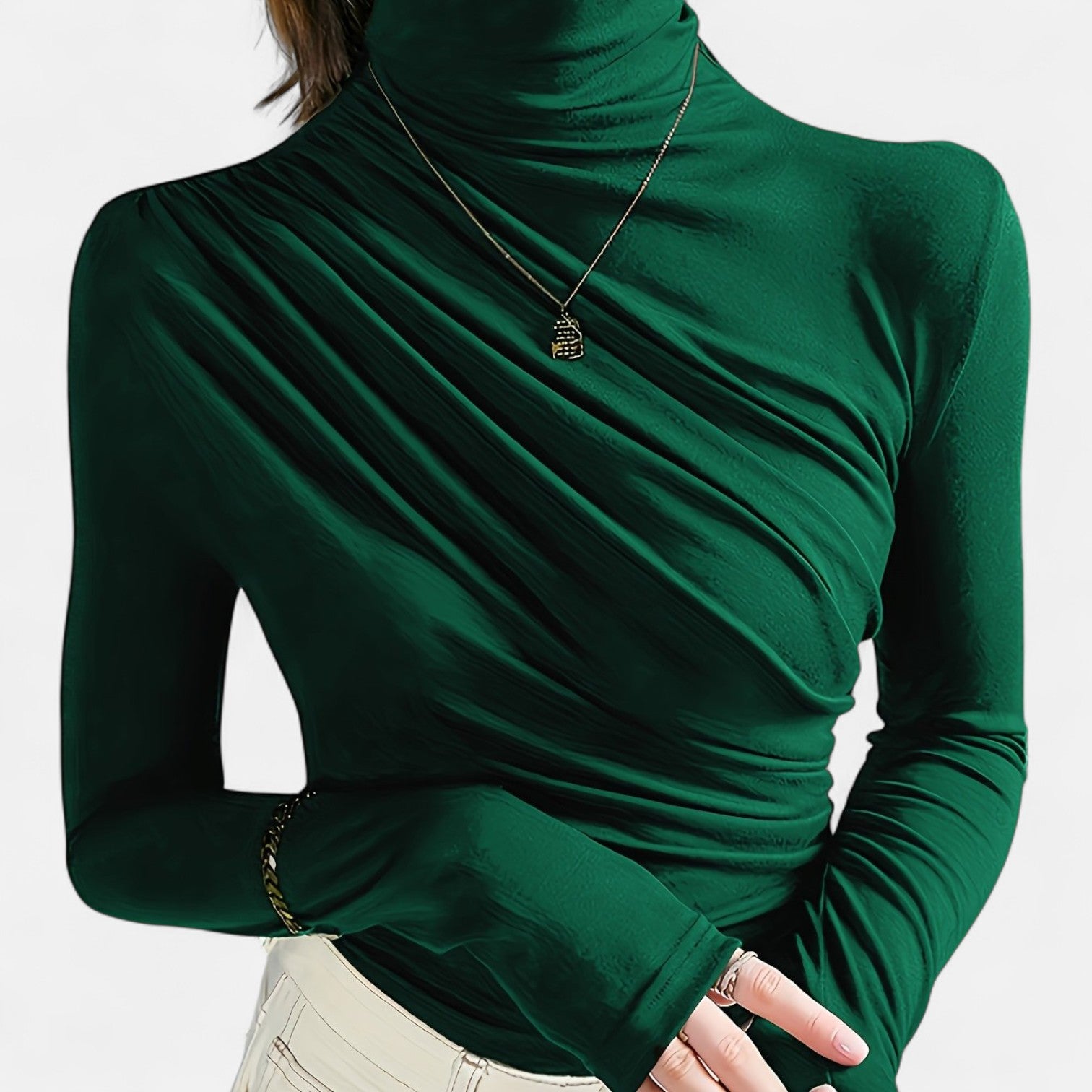 Monorez - Women's Elegant High Neck Long Sleeve Top with Chest Wrinkle