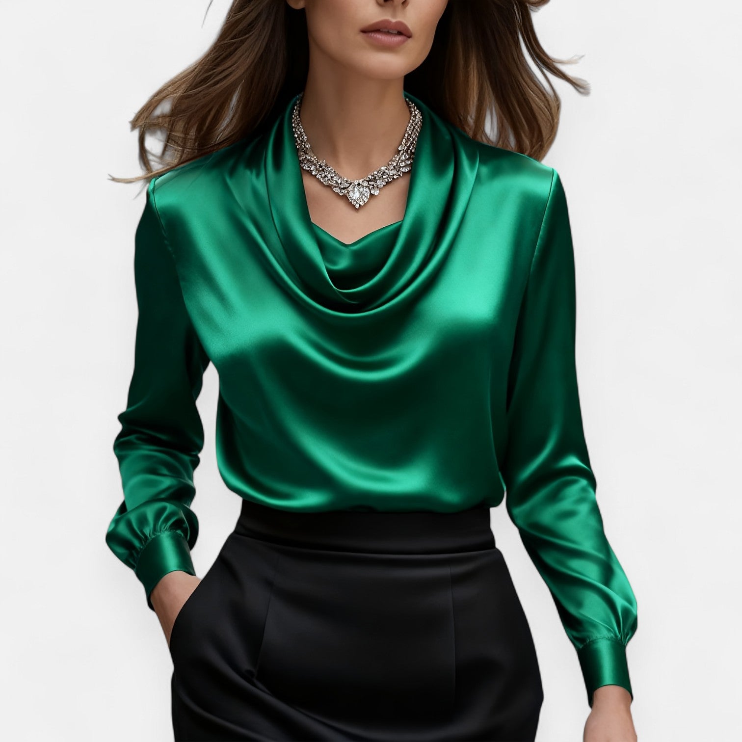Monorez- Elegant Satin Pleated V-Neck Women's Blouse