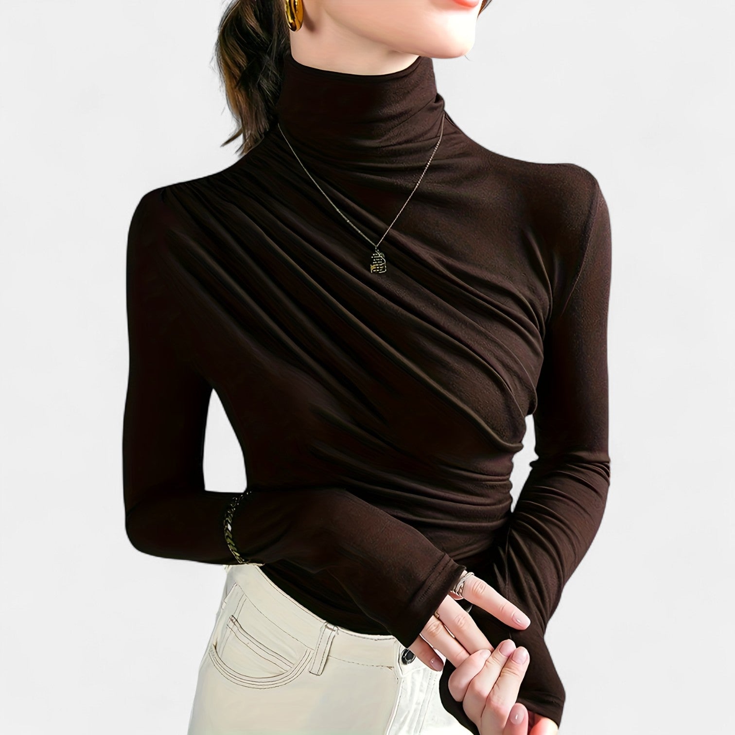 Monorez - Women's Elegant High Neck Long Sleeve Top with Chest Wrinkle