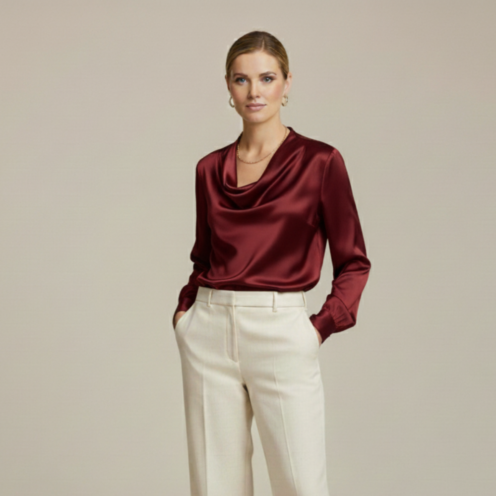 Monorez- Elegant Satin Pleated V-Neck Women's Blouse