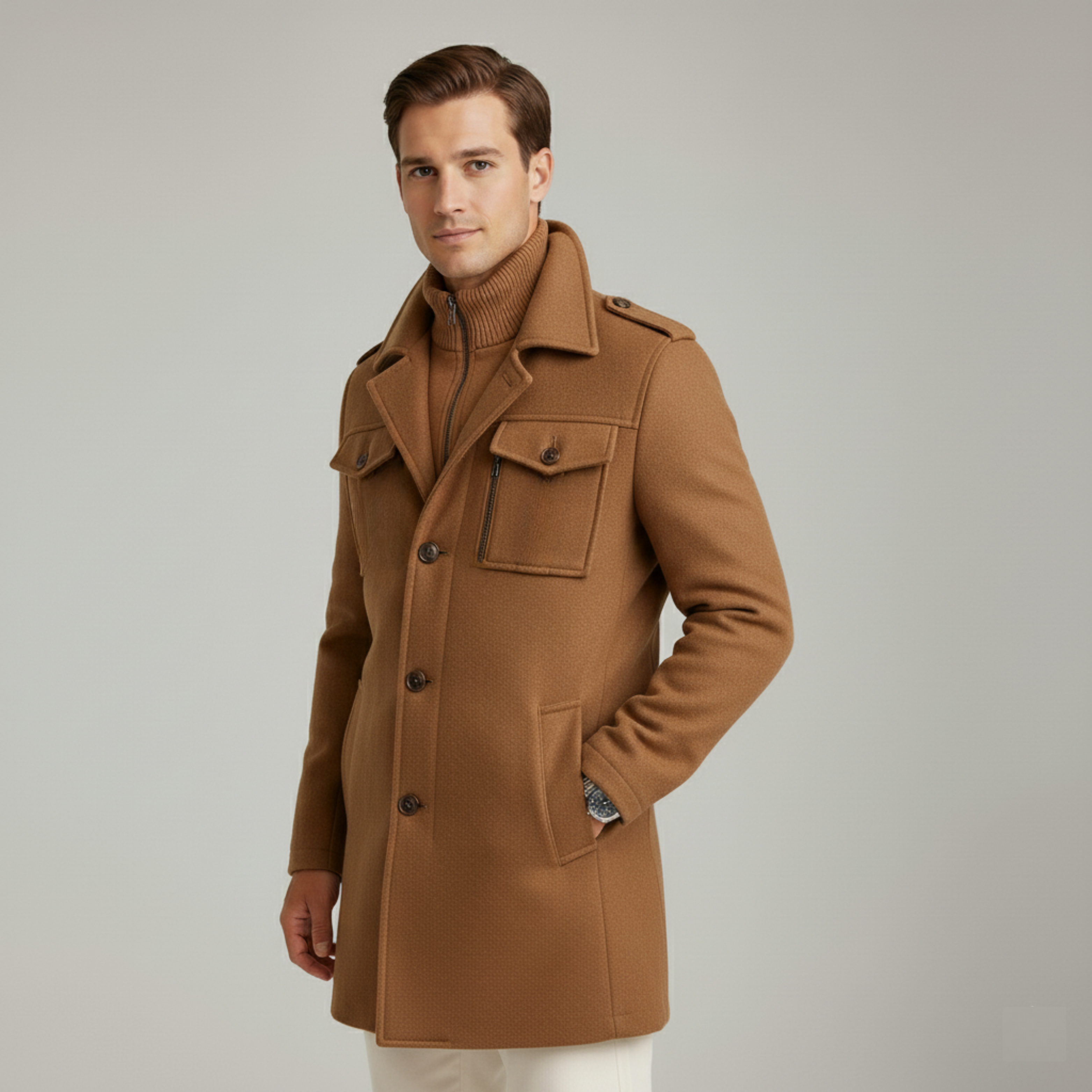 Monorez | Men’s Double-Breasted Tweed Coat – Caramel Heritage