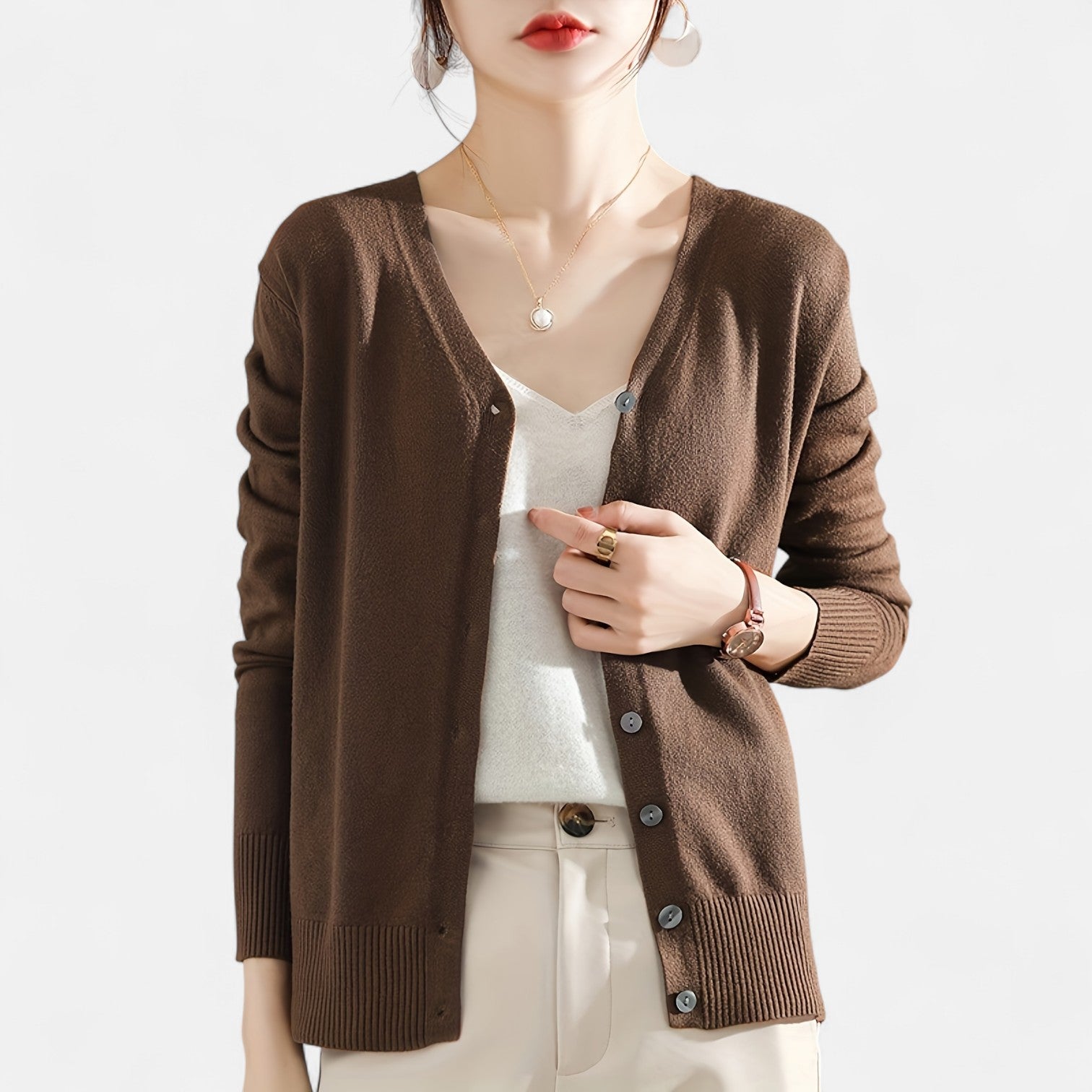 Monorez - Chic Casual V-Neck Button-Up Cardigan