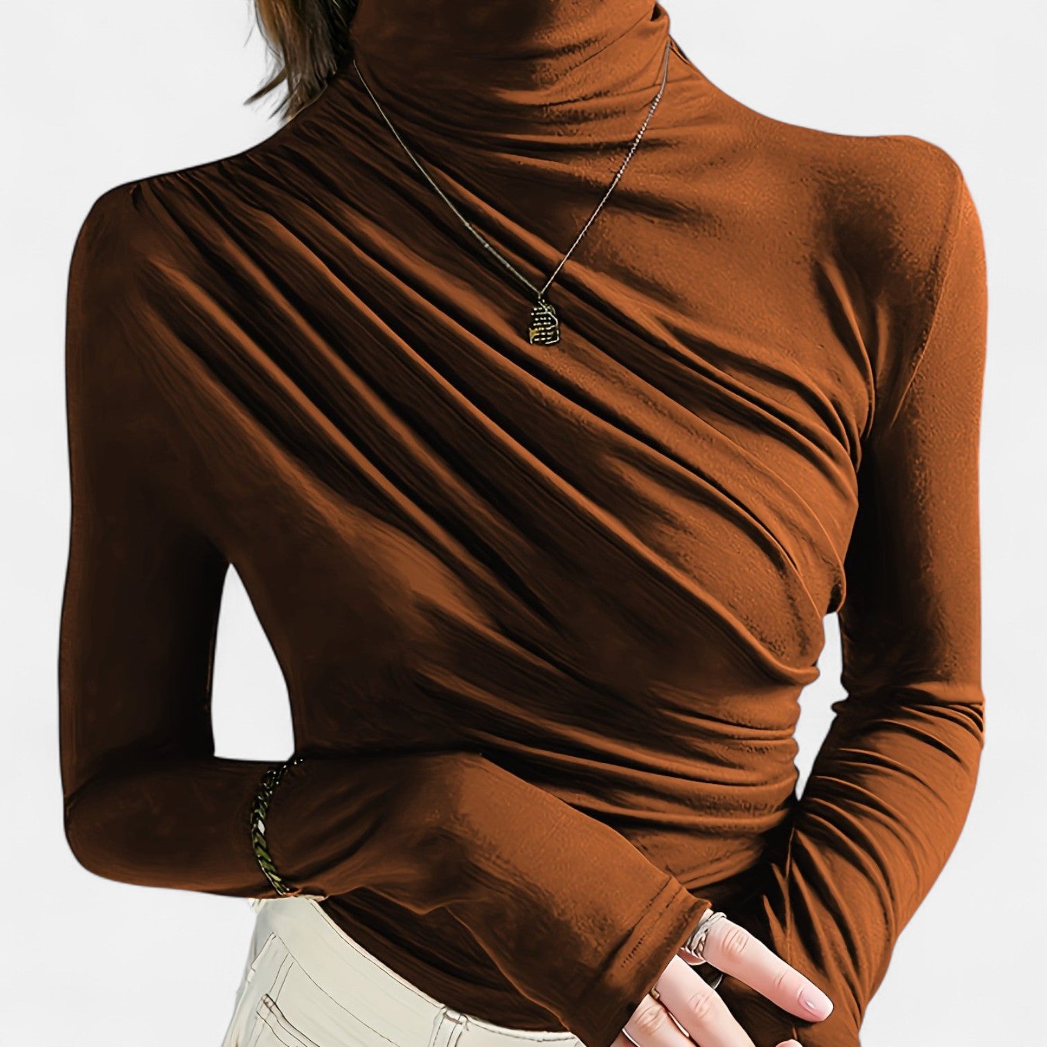 Monorez - Women's Elegant High Neck Long Sleeve Top with Chest Wrinkle