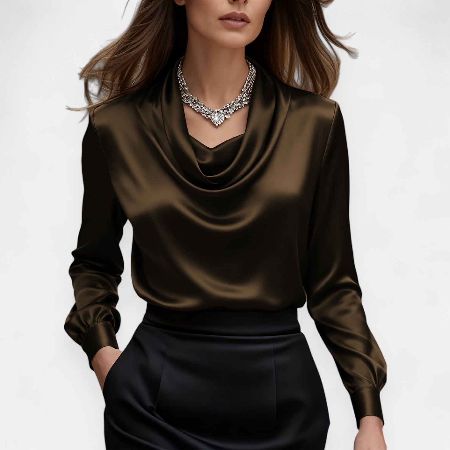 Monorez- Elegant Satin Pleated V-Neck Women's Blouse