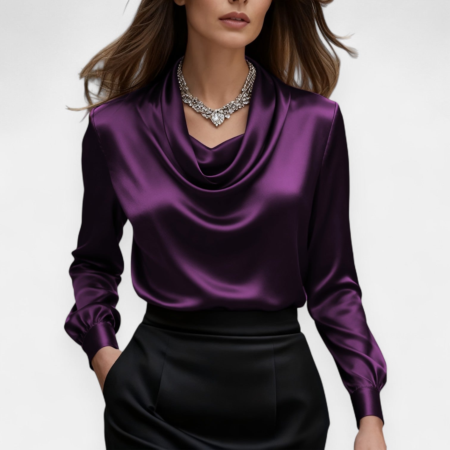 Monorez- Elegant Satin Pleated V-Neck Women's Blouse