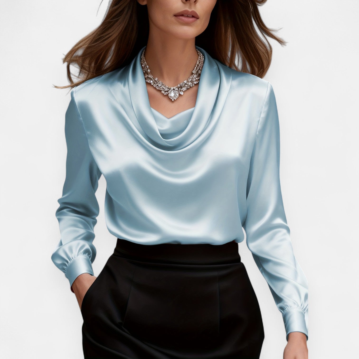 Monorez- Elegant Satin Pleated V-Neck Women's Blouse