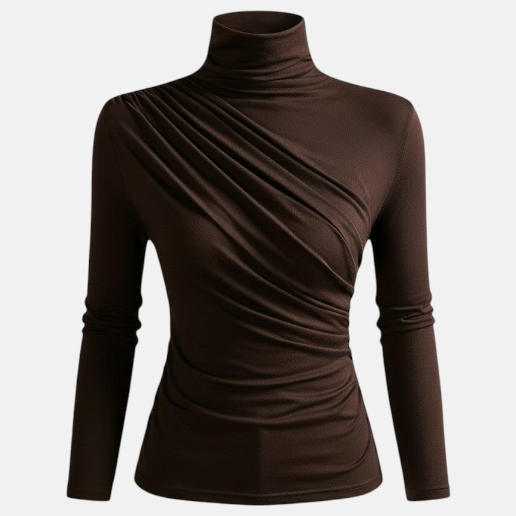 Monorez - Women's Elegant High Neck Long Sleeve Top with Chest Wrinkle