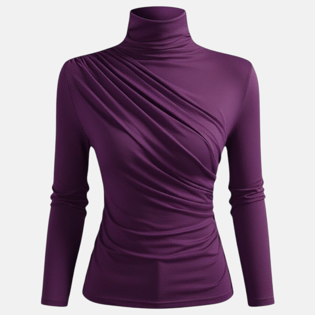 Monorez - Women's Elegant High Neck Long Sleeve Top with Chest Wrinkle