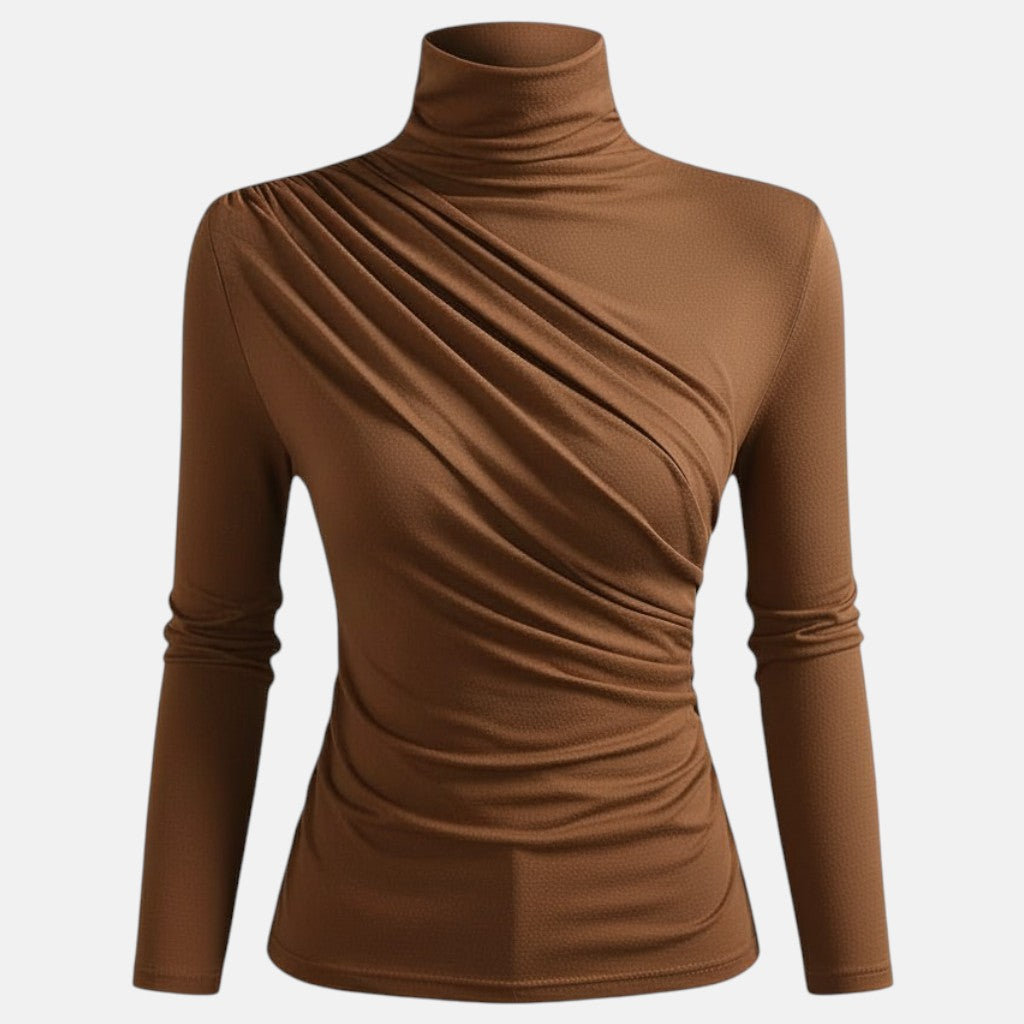 Monorez - Women's Elegant High Neck Long Sleeve Top with Chest Wrinkle