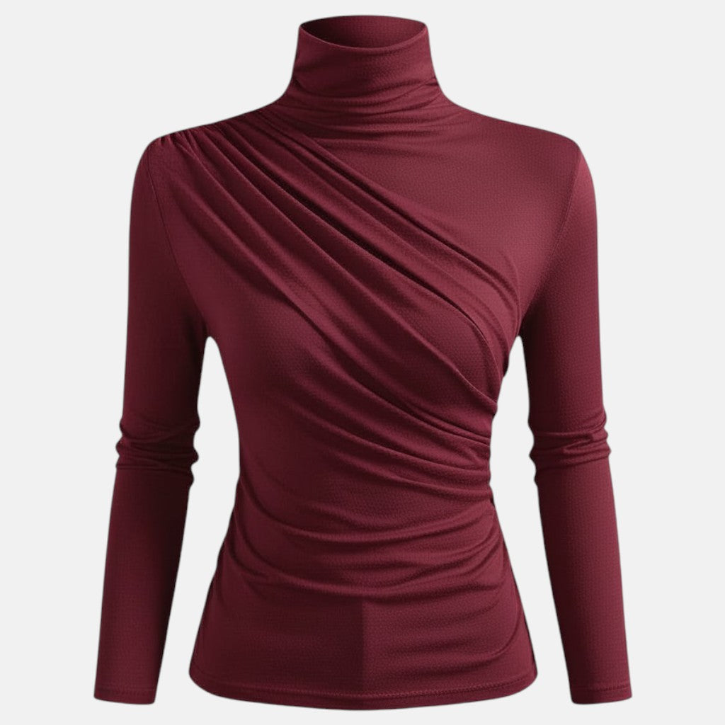 Monorez - Women's Elegant High Neck Long Sleeve Top with Chest Wrinkle
