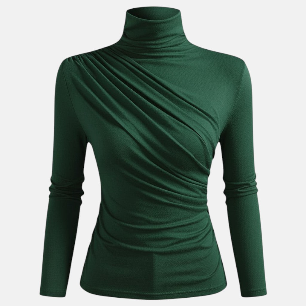 Monorez - Women's Elegant High Neck Long Sleeve Top with Chest Wrinkle