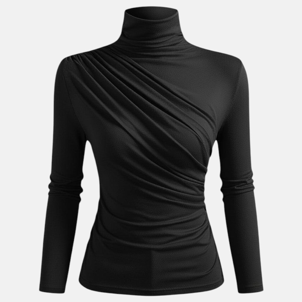 Monorez - Women's Elegant High Neck Long Sleeve Top with Chest Wrinkle