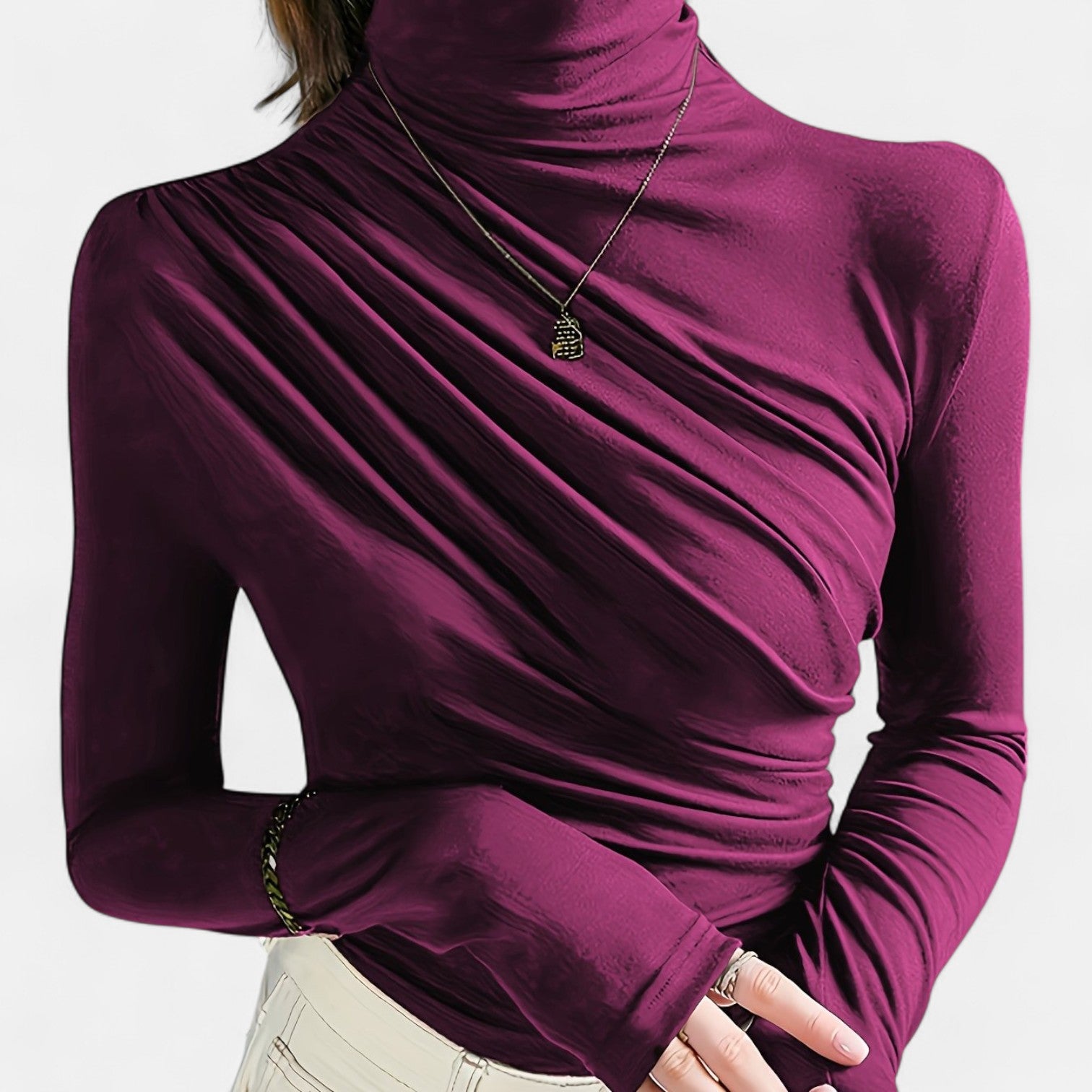 Monorez - Women's Elegant High Neck Long Sleeve Top with Chest Wrinkle
